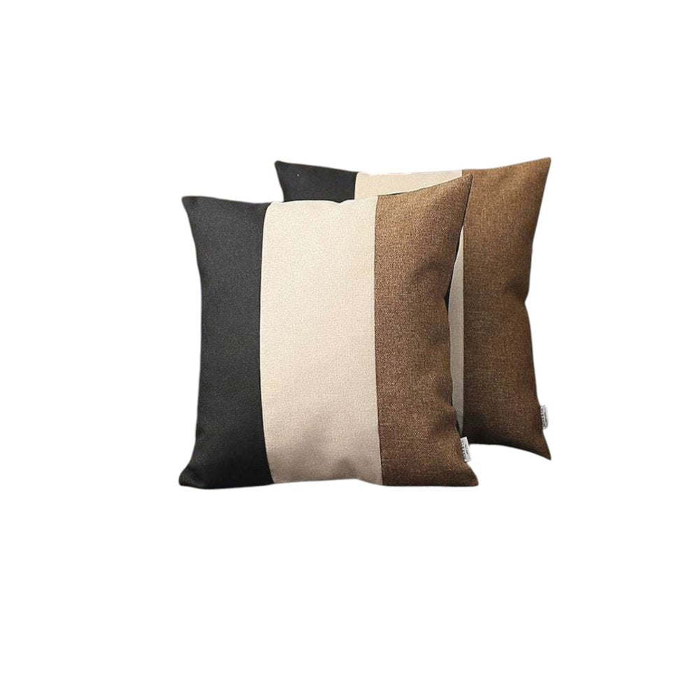 Set of Two 18" Black Ivory And Brown Fabric Throw Pillows