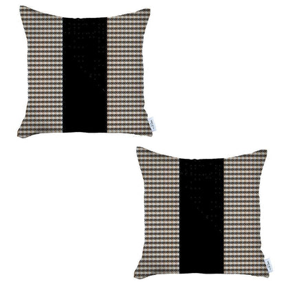 Set Of Two 18" X 18" Brown And Black Houndstooth Zippered Handmade Polyester Throw Pillow