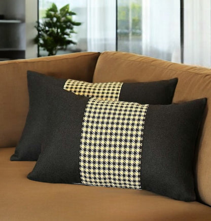 Set Of Two 20" X 12" Black And Yellow Polyester Houndstooth Zippered Pillow