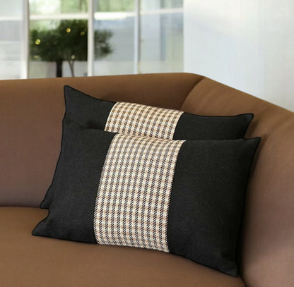 Set Of Two 20" X 12" Black And Brown Polyester Houndstooth Zippered Pillow