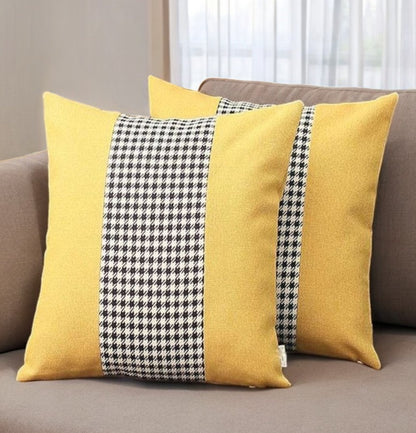 Set Of Two 18" X 18" Yellow And White Polyester Houndstooth Zippered Pillow