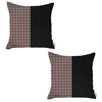 Set Of Two 18" X 18" Black And Red Houndstooth Zippered Handmade Polyester Throw Pillow