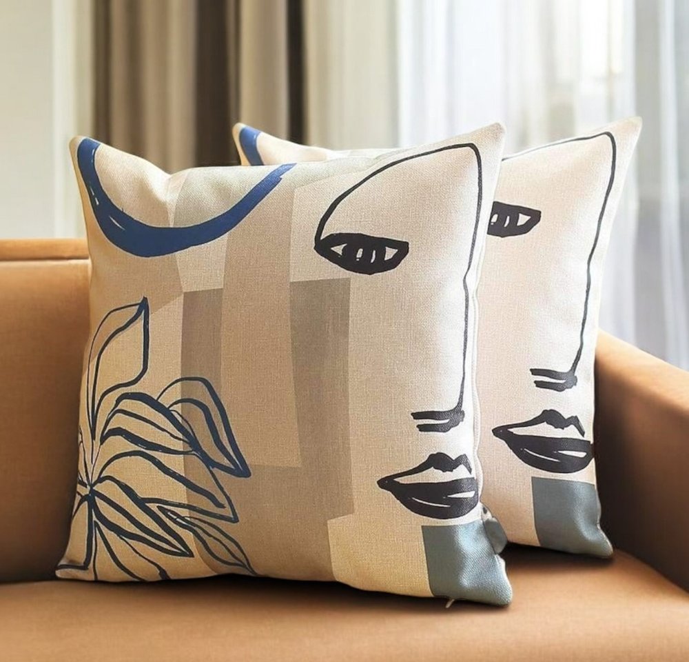 Set of Two 18" Ivory Blue and Gray Abstract Face Fabric Throw Pillows