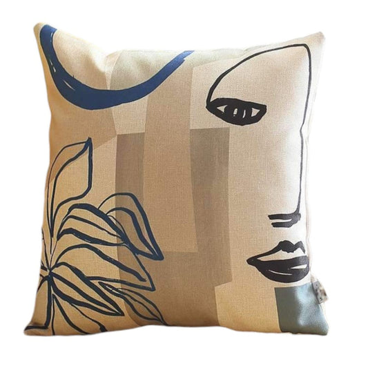 Set of Two 18" Ivory Blue and Gray Abstract Face Fabric Throw Pillows