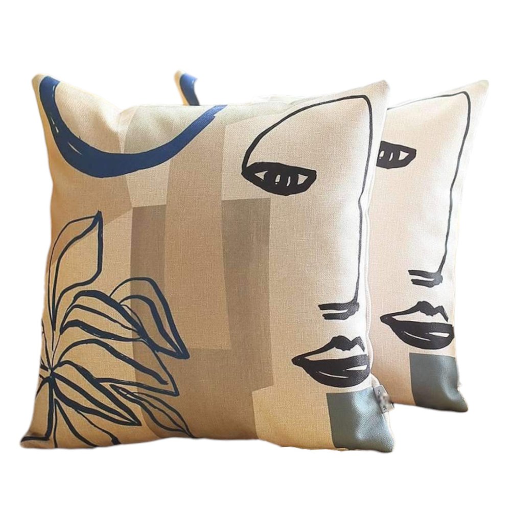 Set of Two 18" Ivory Blue and Gray Abstract Face Fabric Throw Pillows
