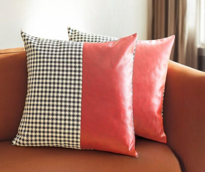 Set Of Two 18" X 18" Red Polyester Houndstooth Zippered Pillow