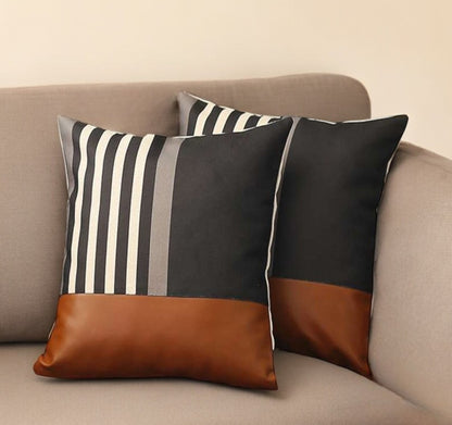 Set Of Two 18" X 18" Brown And Black Polyester Striped Zippered Pillow