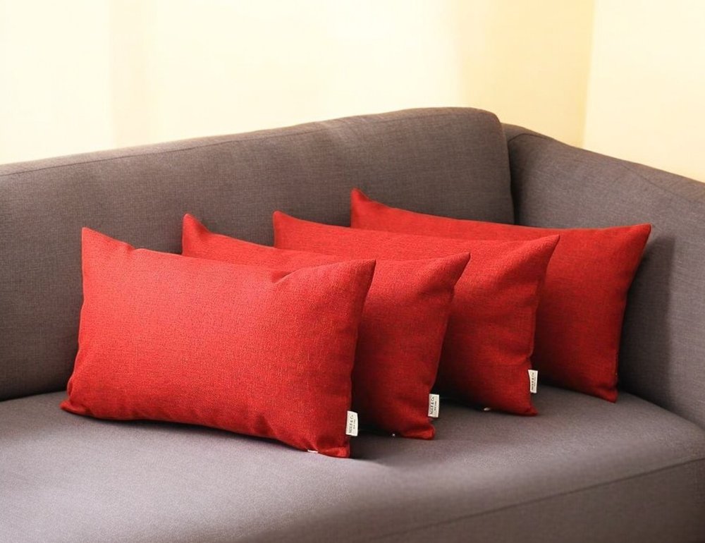 Set of Four 12" X 20" Red Fabrc Lumbar Throw Pillows