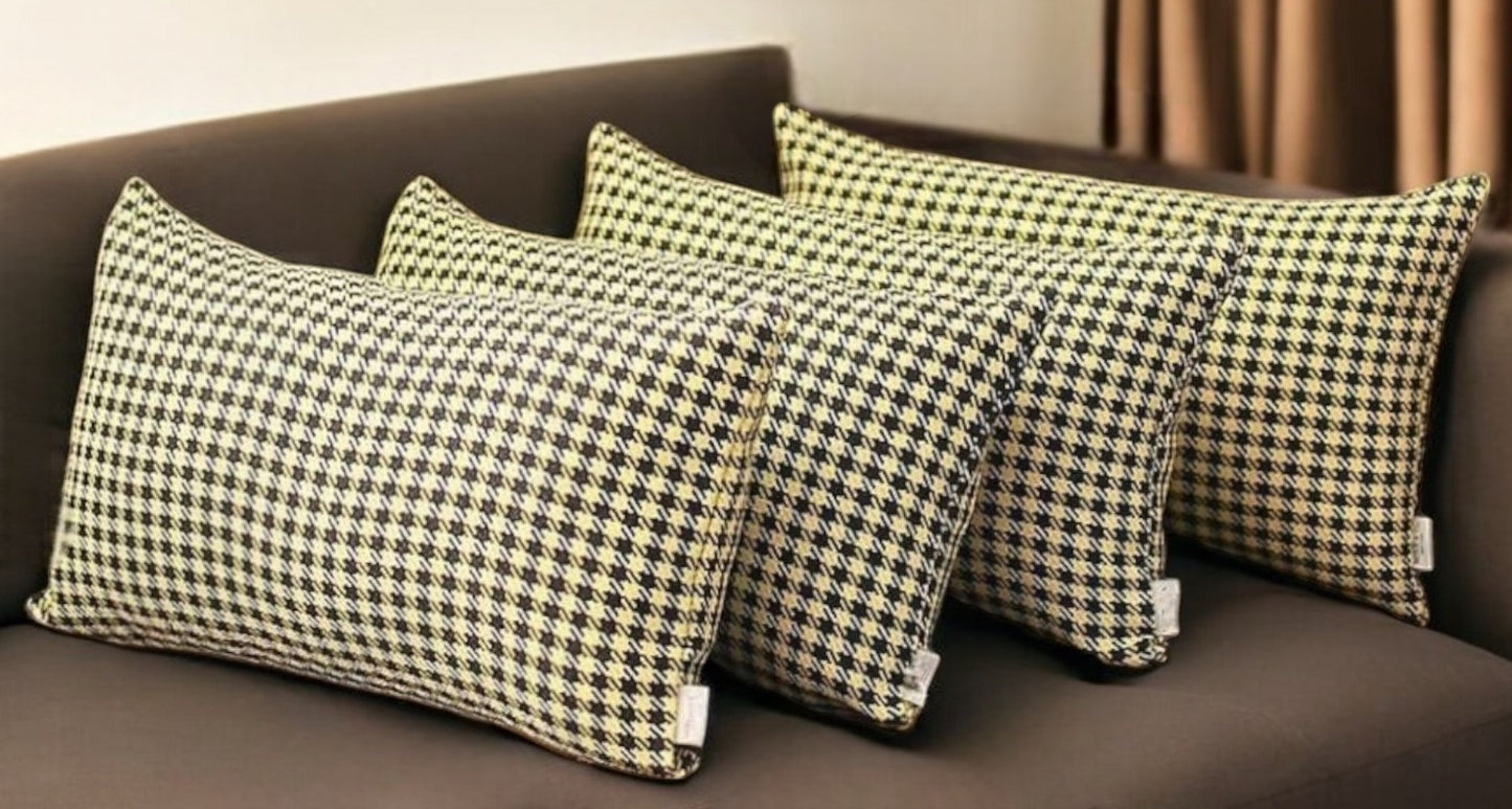 Set Of Four 20" X 12" Yellow Polyester Houndstooth Zippered Pillow