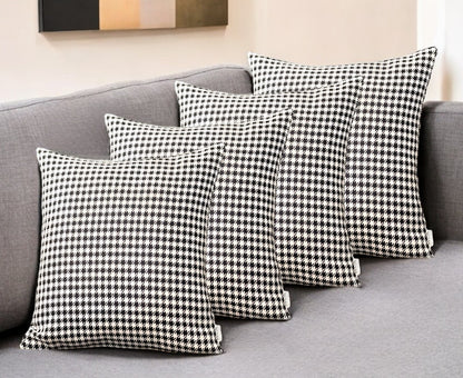 Set Of Four 18" X 18" Grey Polyester Houndstooth Zippered Pillow