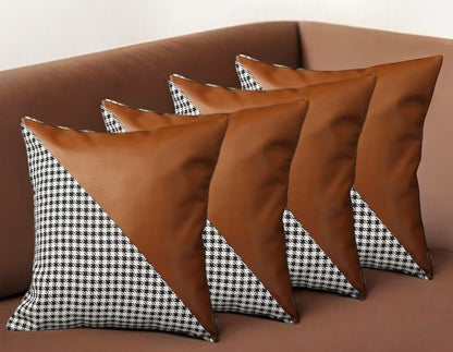 Set Of Four 18" X 18" Brown And Black Polyester Houndstooth Zippered Pillow