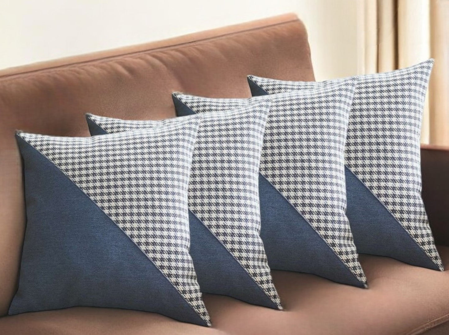 Set Of Four 18" X 18" Black And Blue Polyester Houndstooth Zippered Pillow