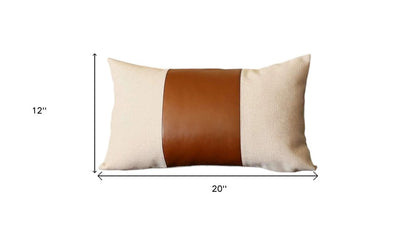 Set of Four 12" X 20" Ivory and Brown Color Block Fabric and Faux Leather Lumbar Throw Pillows
