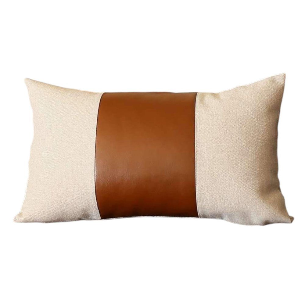 Set of Four 12" X 20" Ivory and Brown Color Block Fabric and Faux Leather Lumbar Throw Pillows