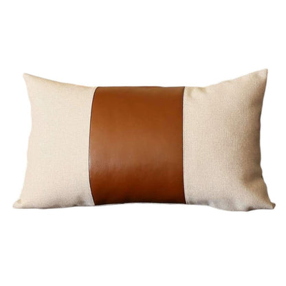 Set of Four 12" X 20" Ivory and Brown Color Block Fabric and Faux Leather Lumbar Throw Pillows