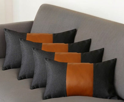 Set Of Four 20" X 12" Black And Brown Polyester Geometric Zippered Pillow