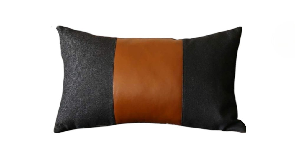 Set of Four 12" X 20" Black and Brown Color Block Fabric and Faux Leather Lumbar Throw Pillows