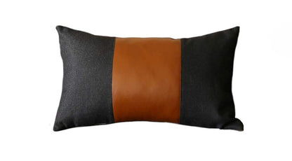 Set of Four 12" X 20" Black and Brown Color Block Fabric and Faux Leather Lumbar Throw Pillows