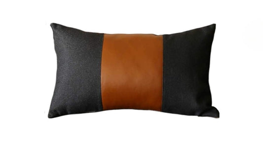 Set of Four 12" X 20" Black and Brown Color Block Fabric and Faux Leather Lumbar Throw Pillows