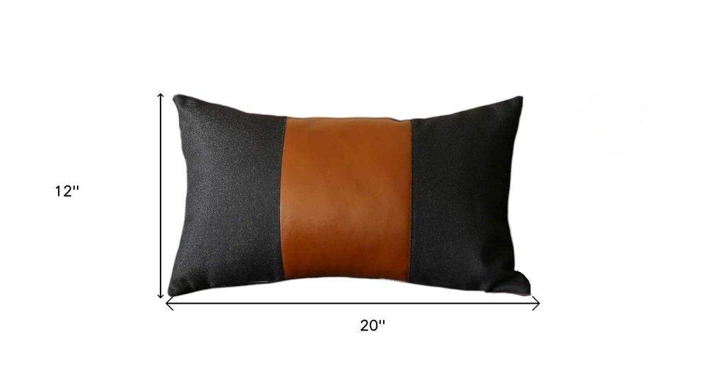 Set of Four 12" X 20" Black and Brown Color Block Fabric and Faux Leather Lumbar Throw Pillows