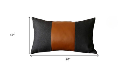 Set of Four 12" X 20" Black and Brown Color Block Fabric and Faux Leather Lumbar Throw Pillows