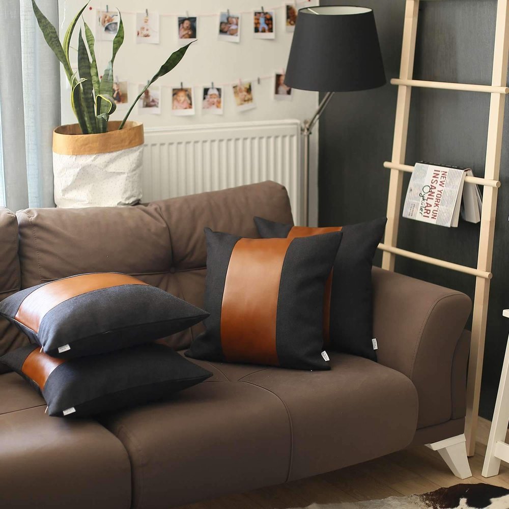Set of Four 18" Brown And Black Faux Leather And Fabric Throw Pillows