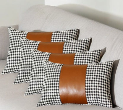 Set Of Four 20" X 12" Black And Brown Polyester Houndstooth Zippered Pillow