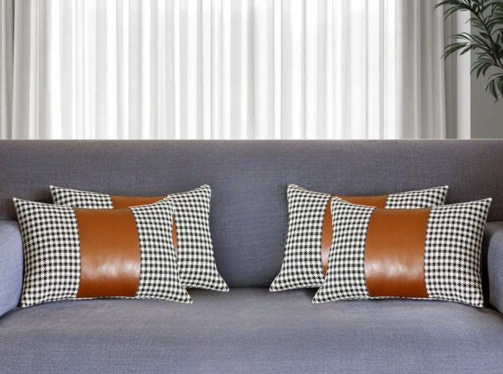 Set of Four 12" X 20" Brown Black and White Houndstooth Fabric and Faux Leather Lumbar Throw Pillows