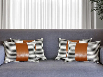 Set of Four 12" X 20" Brown Black and White Houndstooth Fabric and Faux Leather Lumbar Throw Pillows