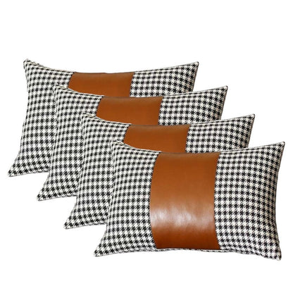 Set of Four 12" X 20" Brown Black and White Houndstooth Fabric and Faux Leather Lumbar Throw Pillows