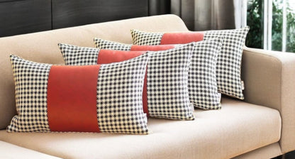 Set Of Four 20" X 12" Black And Red Polyester Houndstooth Zippered Pillow