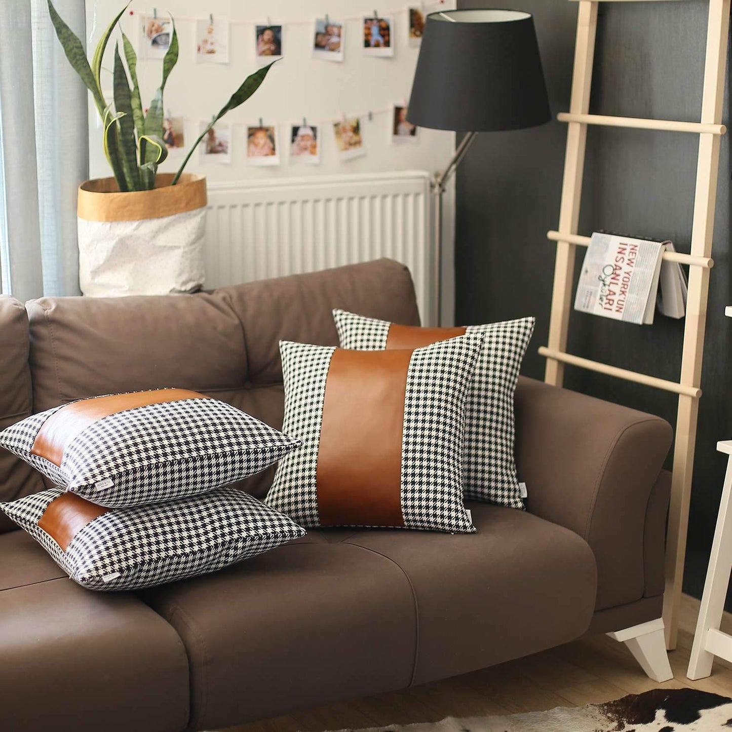 Set Of Four 18" X 18" Black And Brown Houndstooth Zippered Handmade Polyester Throw Pillow