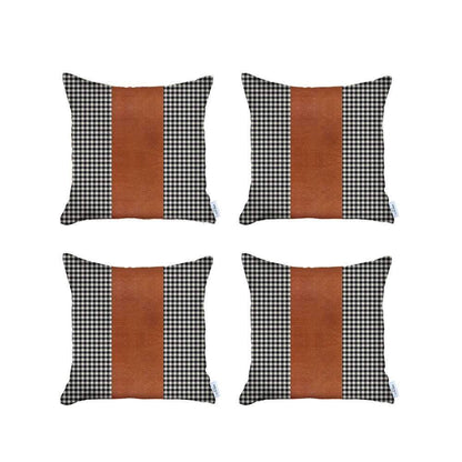 Set Of Four 18" X 18" Black And Brown Houndstooth Zippered Handmade Polyester Throw Pillow