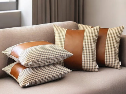 Set Of Four 18" X 18" Brown Houndstooth Zippered Handmade Polyester Throw Pillow