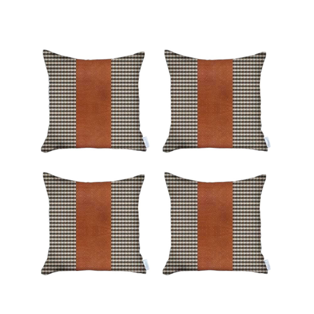 Set Of Four 18" X 18" Brown Houndstooth Zippered Handmade Polyester Throw Pillow