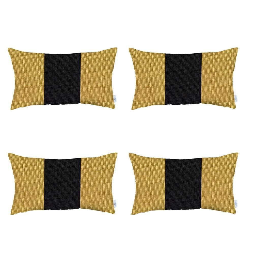 Set Of Four 20" X 12" Black And Yellow Geometric Zippered Handmade Polyester Lumbar Pillow