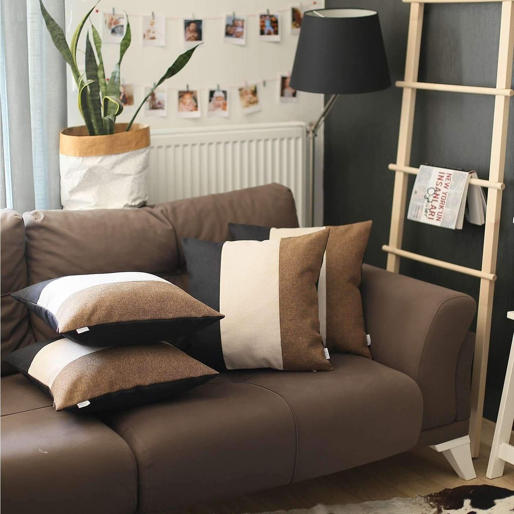 Set of Four 18" Black Ivory And Brown Fabric Throw Pillows