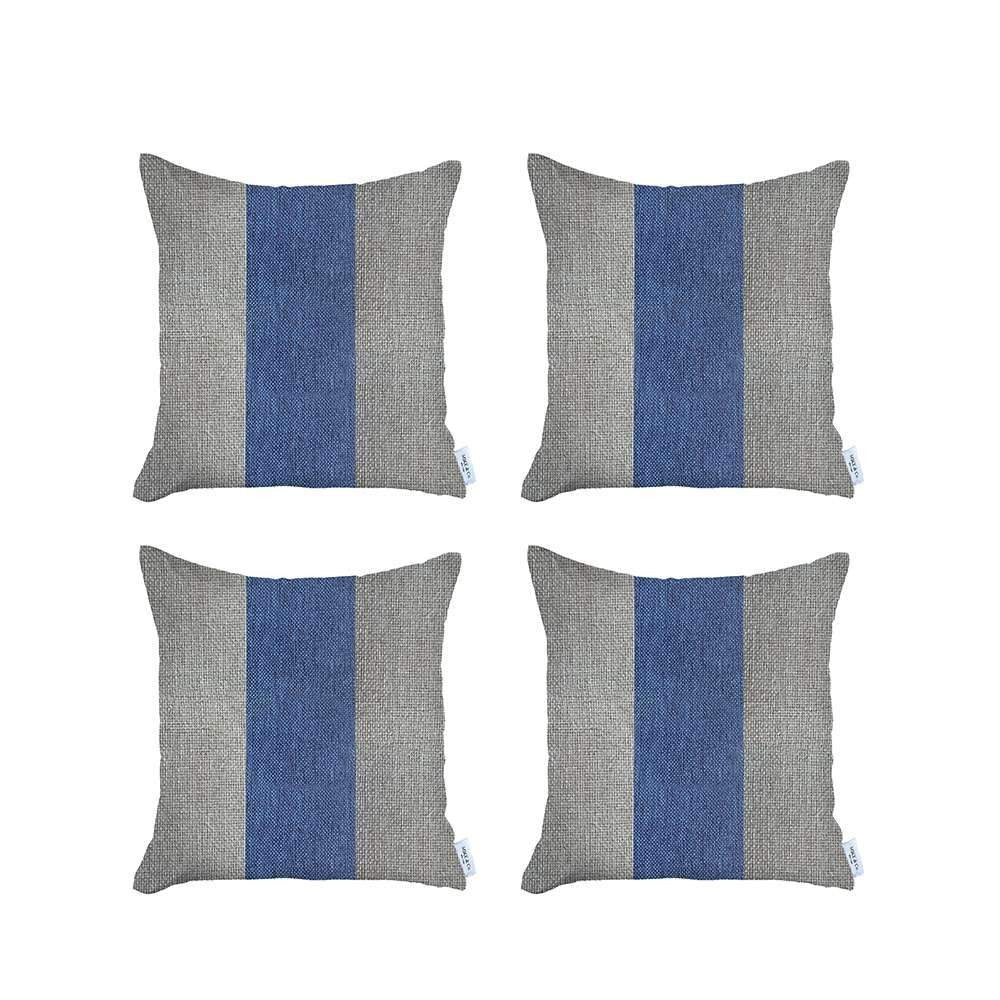 Set Of Four 18" X 18" Grey And Blue Geometric Zippered Handmade Polyester Throw Pillow