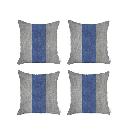 Set Of Four 18" X 18" Grey And Blue Geometric Zippered Handmade Polyester Throw Pillow