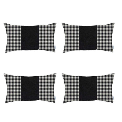 Set Of Four 20" X 12" White And Black Houndstooth Zippered Handmade Polyester Lumbar Pillow