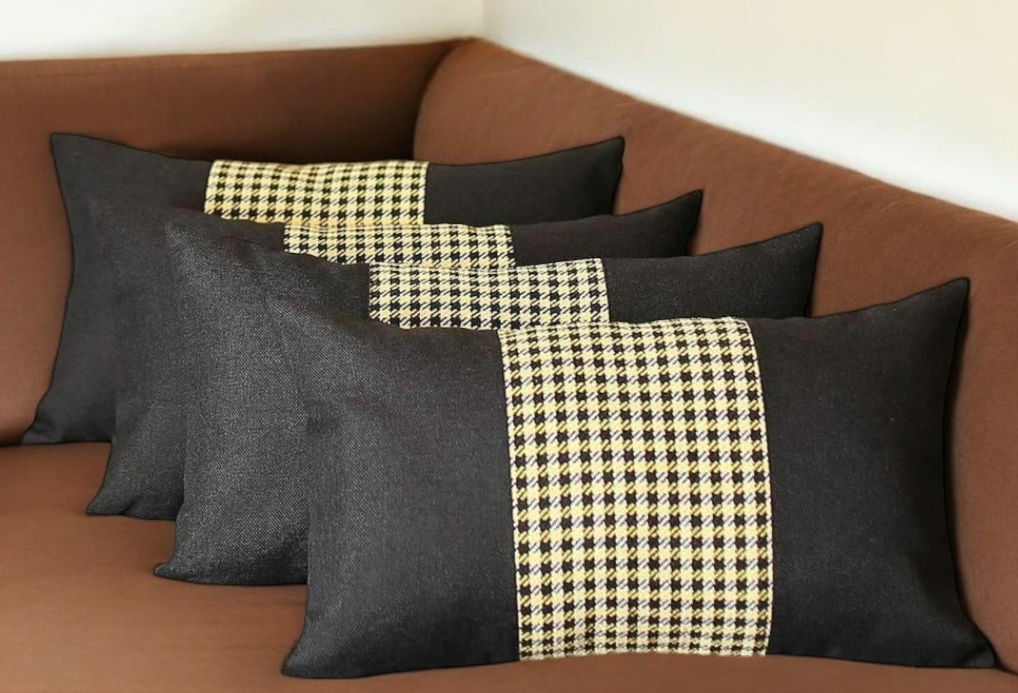 Set Of Four 20" X 12" Black And Yellow Polyester Houndstooth Zippered Pillow