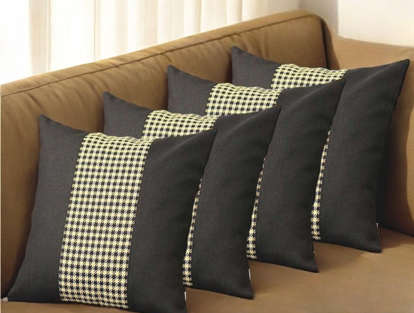 Set Of Four 18" X 18" Black And Yellow Polyester Houndstooth Zippered Pillow