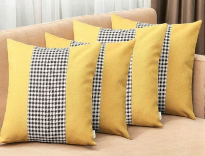 Set Of Four 18" X 18" Yellow And White Polyester Houndstooth Zippered Pillow