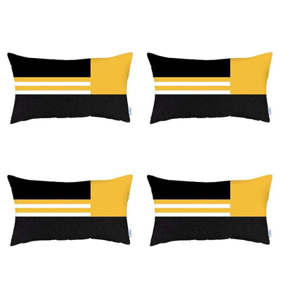 Set Of Four 20" X 12" Yellow Striped Zippered Handmade Polyester Lumbar Pillow