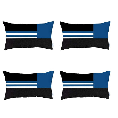 Set Of Four 20" X 12" Blue Striped Zippered Handmade Polyester Lumbar Pillow