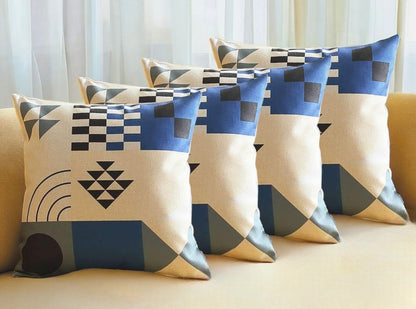 Set Of Four 18" X 18" Blue White Black And Gray Polyester Abstract Zippered Pillow