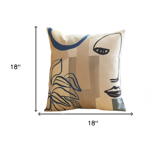 Set of Four 18" Ivory Blue and Gray Abstract Face Fabric Throw Pillows