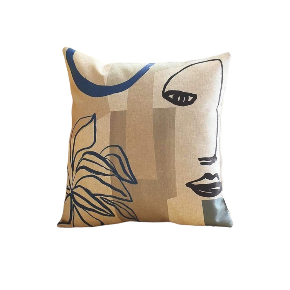 Set of Four 18" Ivory Blue and Gray Abstract Face Fabric Throw Pillows