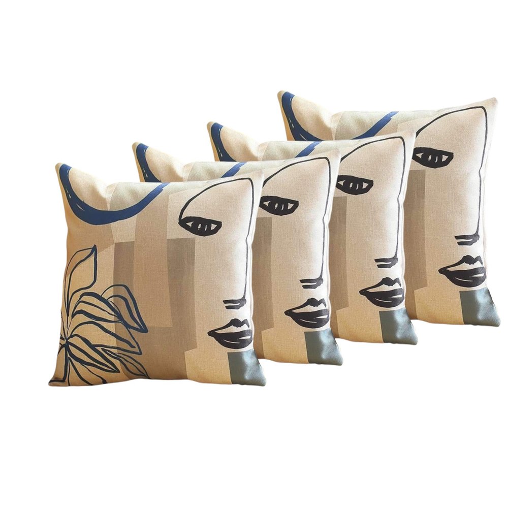 Set of Four 18" Ivory Blue and Gray Abstract Face Fabric Throw Pillows