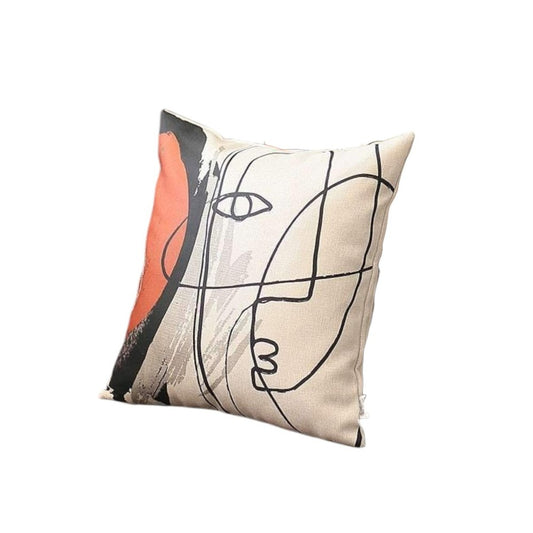 Set of Four 18" Ivory Black and Red Abstract Face Fabric Throw Pillows